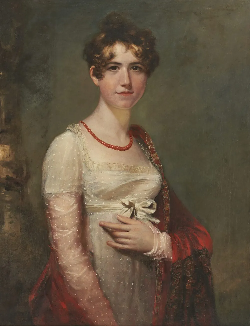 Sir William Beechey's oil portrait of Elizabeth Thicknesse Woodington Dickenson: a young woman with curled dark hair, a coral necklace, a white Regency gown and a red shawl.