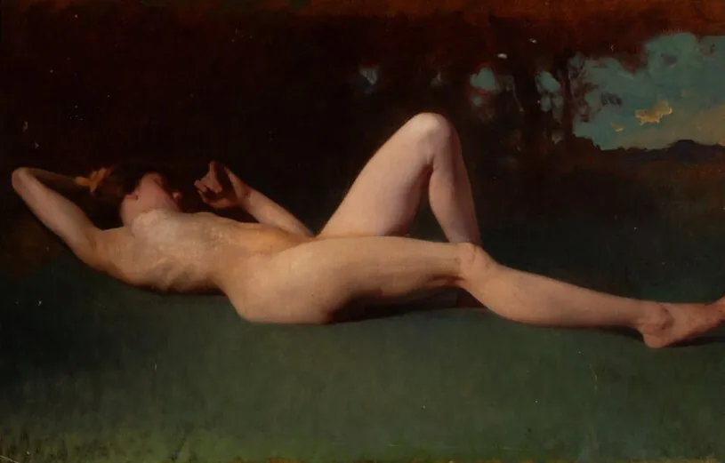 John Severinus Conway's oil painting Reclining Nude in a Landscape: a nude woman lying back on dark green grass beneath trees at dusk.