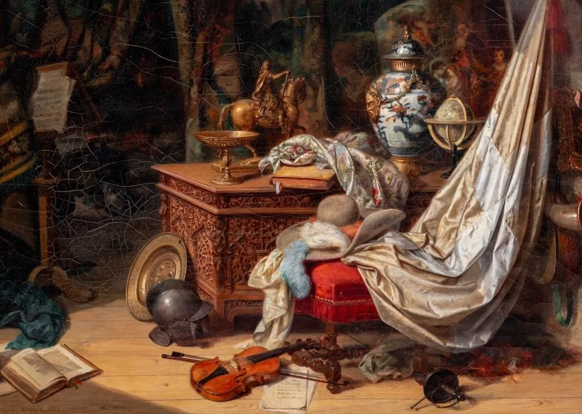 Alexandre Couder's oil painting Interior Scene, 1845: a studio crowded with a carved table, a draped silk cloth, a globe, a blue-and-white vase, armour, a violin and open books.
