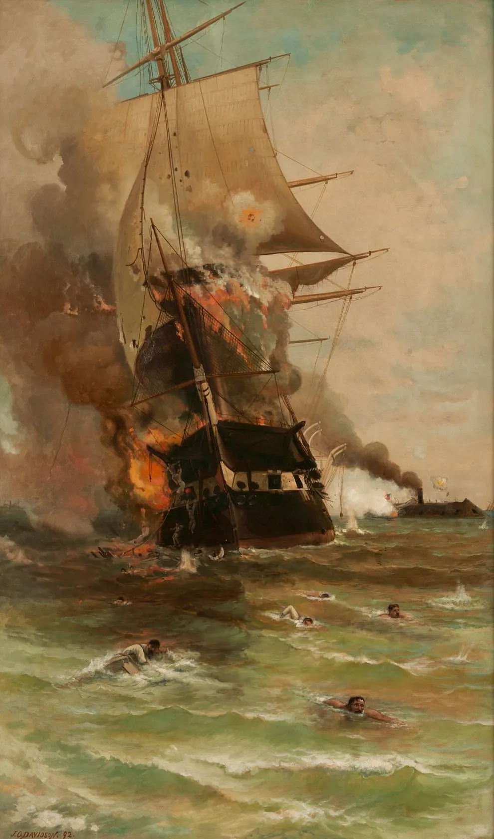 Julian O. Davidson's oil painting of the USS Congress burning under fire from the ironclad CSS Virginia, sailors swimming in the foreground.