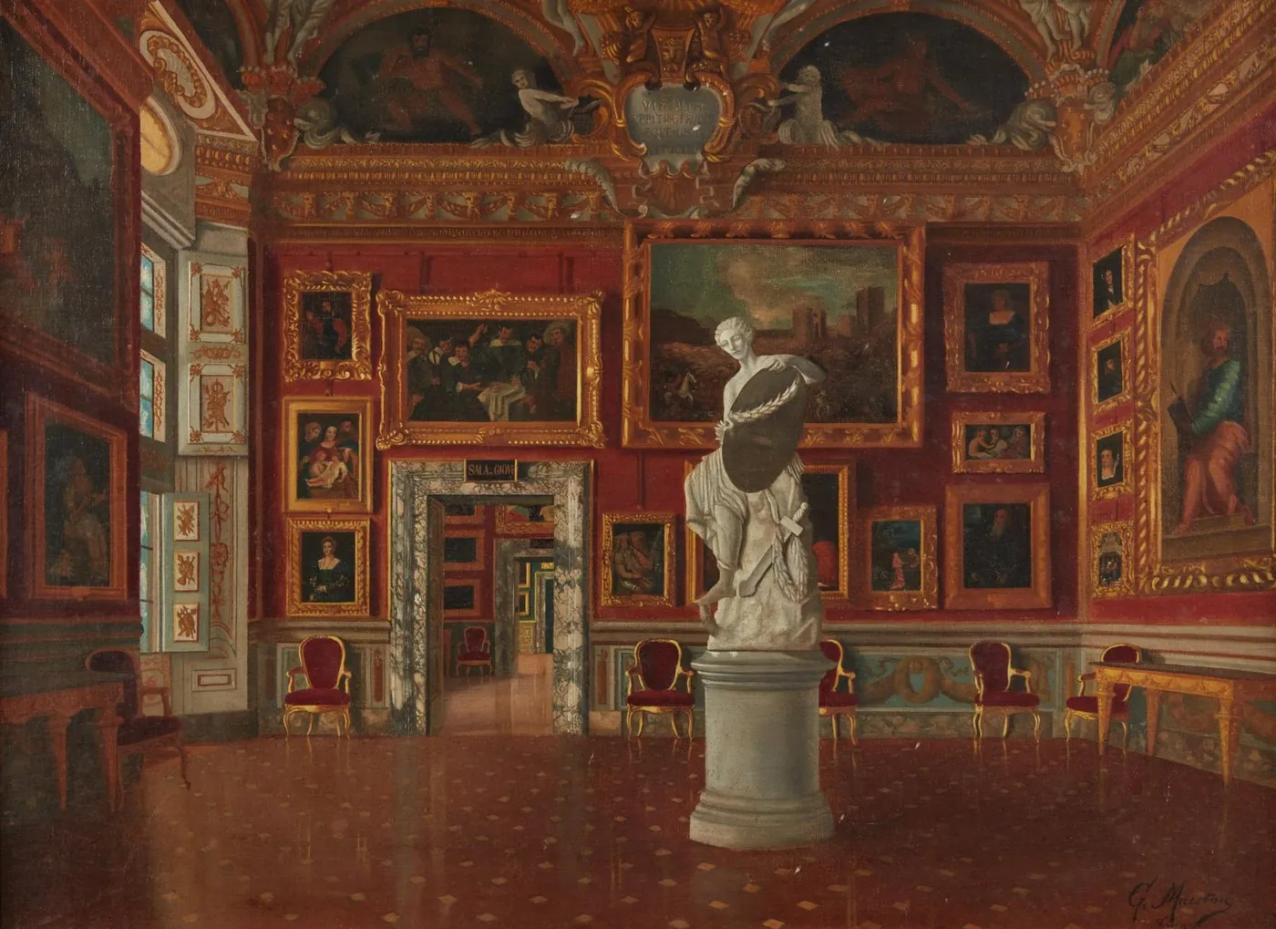 Guido Maestosi's oil painting of the Sala di Giove in the Palazzo Pitti, Florence: a red-walled gallery hung floor to ceiling with paintings, a marble statue at its centre.