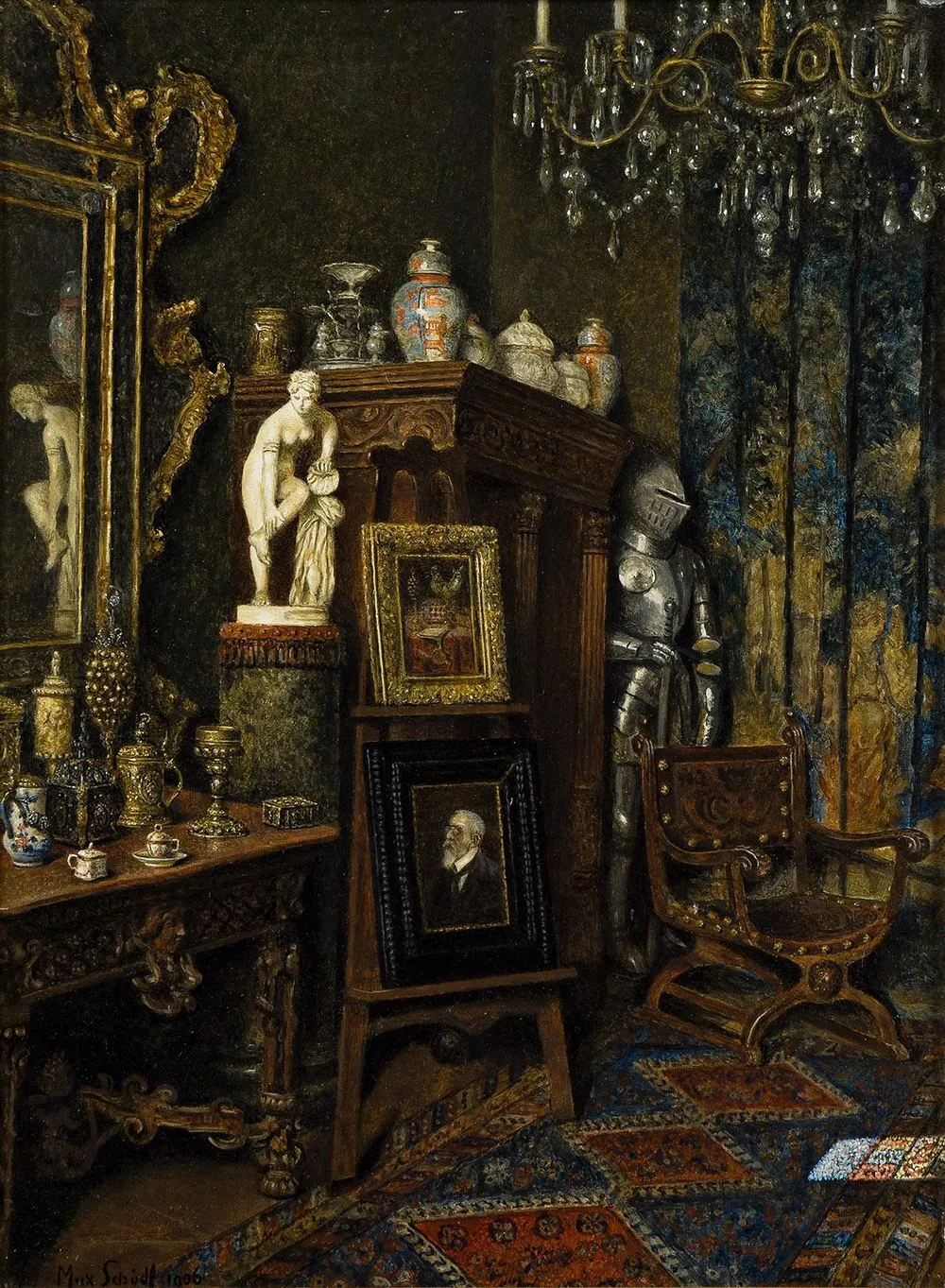 Max Schödl's oil painting Mein Atelier, 1906: his Vienna studio crowded with porcelain, marble statuettes, a suit of armour, framed pictures and a chandelier.